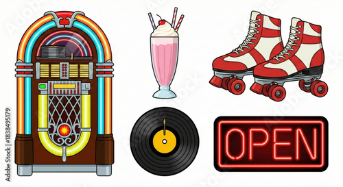 Nostalgic 1950s Retro Diner and Rock & Roll Culture Elements Vector Collection