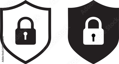 security shield icons with padlock symbols in outline and solid black versions isolated on white background.