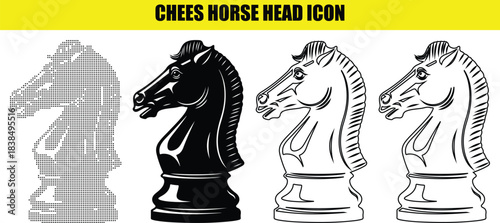 Chess horse head icon set, knight chess piece vector illustrations, black, white, outline, and dotted styles
