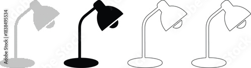 Desk lamp vector icon set, black and white lamp symbol, outline and dotted style for modern interior design and illumination