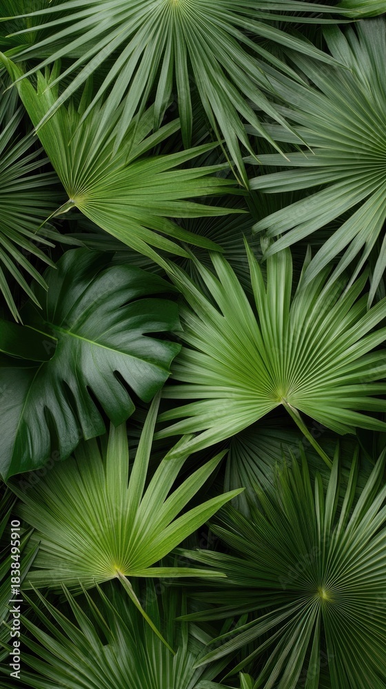 Obraz premium Detailed close-up of a green palm leaf highlights its unique textures and shadows, creating a soothing backdrop for various uses