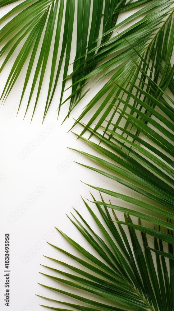 Obraz premium Tropical green palm tree leaves create a border on a textured surface, providing a vibrant and fresh backdrop for summer-themed text