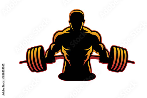 Stylized black silhouette of a muscular bodybuilder lifting a heavy barbell with a fiery orange and yellow outline.