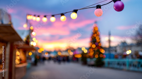 Lights are shining in the evening sky. Colorful lights hang above a festive market as people stroll in the background during sunset.
