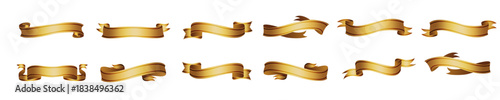 Elegant collection of shiny golden scroll ribbons and banners with metallic texture.