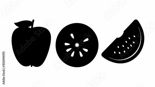Clean black and white icons feature an apple, kiwi slice, and watermelon wedge perfect for healthy eating designs