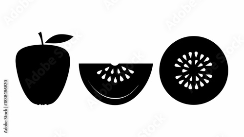 Stunning black silhouette icons set featuring an apple and stylized kiwi fruit slices perfect for clean food design