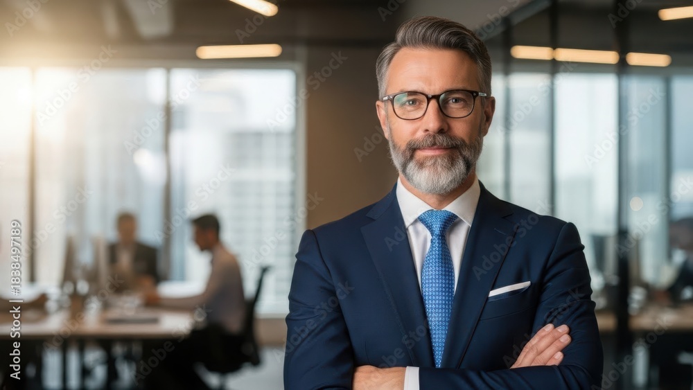 Obraz premium Confident businessman with glasses in modern office ready for business success
