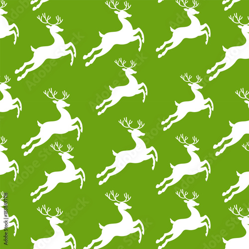Winter Deer Seamless Background in Green and White for Holiday Clothing, Cushions, and Greeting Cards