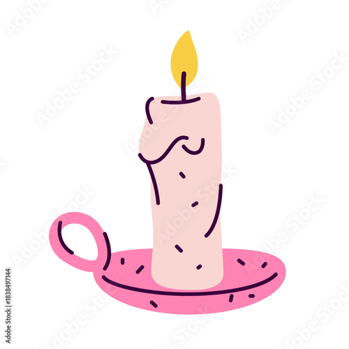 Glowing candle or vector classic wick with flame. Flat cartoon decorative interior light or traditional evening candlelight. Illumination for spiritual ceremony. Wax decor with fire. night home fire.