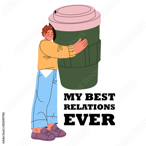 Coffee banner with slogan. Vector hot drink takeaway poster with motivation phrase. Branding and lettering for caffeine drink or hot beverage. Morning drinker hugging cup sign. Marketing, advertising.