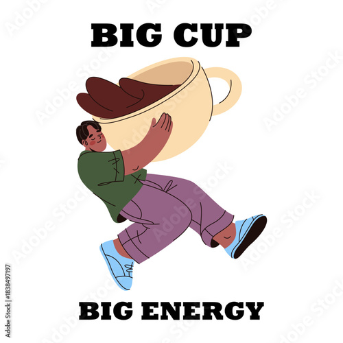 Vector poster with coffee lover phrase. Beverage slogan for cup of energy. Man holding morning cappuccino or latte drink. Barista bringing espresso. Branding and marketing for cafe takeaway.