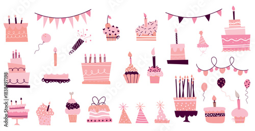 Cute birthday cake with party hats, balloons, and candles. Colorful vector set of celebration elements, gifts, and confetti for festive greeting cards and decorations.
