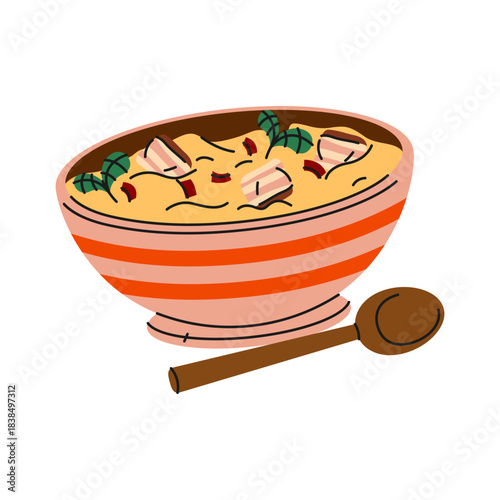 Corn or millet porridge food. Vector Ukrainian dish. Meal cooked with dairy. Carpathian cuisine in bowl. Maize grains nutrition. Dinner and breakfast cooking symbol. Homemade cuisine. Banosh eating.