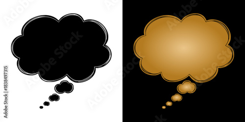 Speech bubble, cloud of thoughts, isolated vector image, two variants in black on a transparent background and in gold on a black background