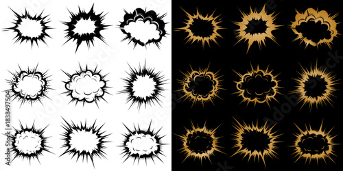 Explosive comic-style burst shapes, isolated vector image, two variants in black on a transparent background and in gold on a black background, image set, collection  