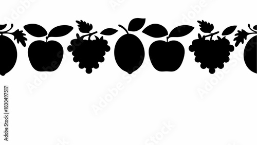 Elegant black silhouette border design featuring apples grapes and citrus fruits perfect for harvest decor