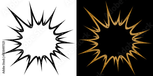 Dynamic comic style burst shape, isolated vector image, two variants in black on a transparent background and in gold on a black background
