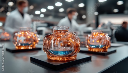 Elegant glass vessels with blue liquid are displayed on a table, showcasing sophisticated design and craftsmanship