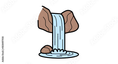 Illustration of a charming waterfall cascading between rocky formations with clear water