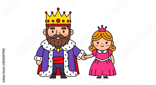 Illustration of a cartoon king with a long beard and a cute princess holding hands