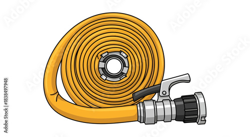 Illustration of a coiled yellow firehose with metal nozzle for emergency response readiness
