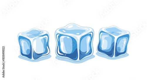 Illustrative representation of three stylized ice cubes shimmering with translucent blue tones
