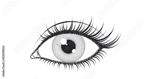 Intricate halftone pattern showcasing an isolated eye with delicate eyelashes on a white background
