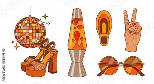 Groovy Disco Party Elements Collection with Vintage 70s Style Accessories and Retro Decorations