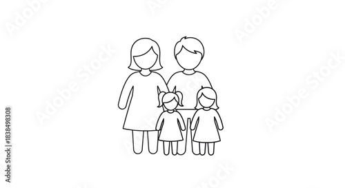 Minimalist depiction of a nuclear family including parents and two daughters in outline style