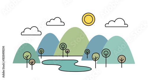 Minimalist nature illustration featuring hills trees clouds and sunshine with clean lines