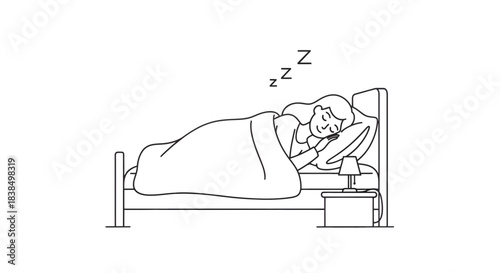 Minimalist illustration of a peaceful slumbering woman in her comfortable bed at night