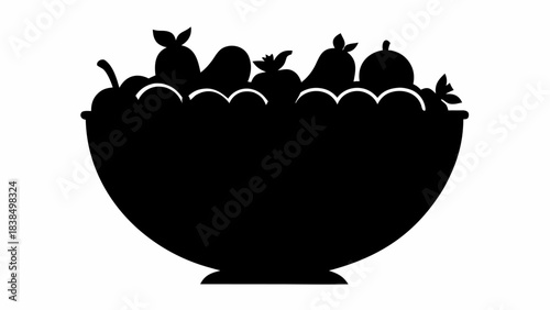 Elegant black silhouette of a bountiful fruit bowl perfect for healthy eating and rustic kitchen decor designs