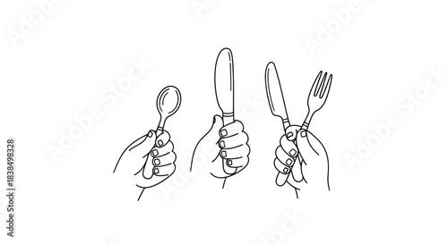 Minimalistic illustration of hands holding various eating utensils against white void