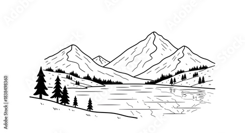 Monochrome mountain panorama with a serene lake and dense evergreen forests drawing