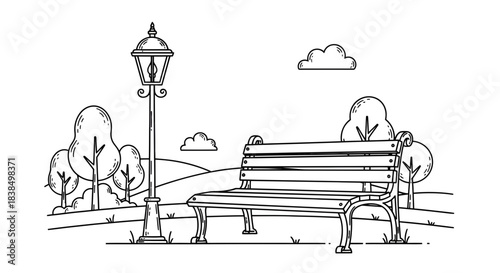 Monochrome park scene illustration with park bench, classic lantern and trees