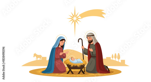 Nativity scene depicting Mary, Joseph, and baby Jesus in a manger under the star of Bethlehem
