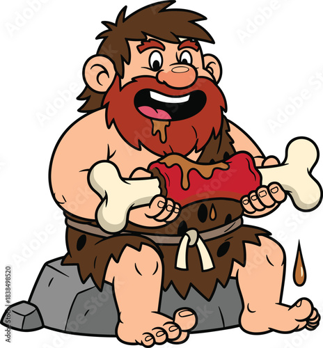Cartoon caveman sitting on rock with meat, red beard, animal skin outfit, happy expression, flat vector illustration