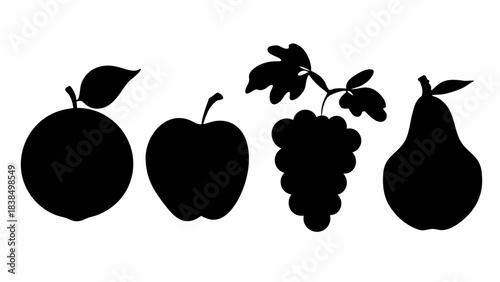 Stunning black and white silhouettes of fresh apple grape and pear shapes perfect for clean design projects