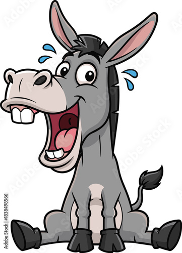 Cartoon donkey sitting and laughing hard, wide mouth, expressive eyes, humorous pose, blue droplets, flat vector illustration