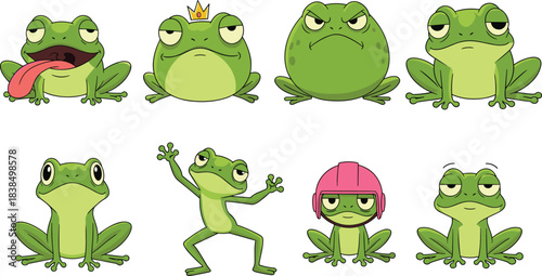 Cartoon frogs with varied expressions, emotional characters, funny amphibians, playful poses, educational emotion icons, kids illustration set, flat vector illustration