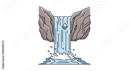 Serene cartoon depiction of waterfall cascading between rocky cliffs into pool below forming white