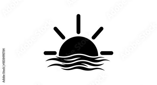 Silhouette of rising sun over ocean waves, a minimalist landscape illustration, evoking peace and