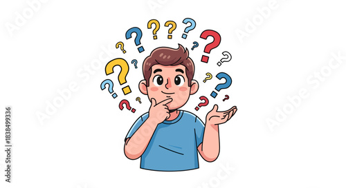 Man confused with question marks, puzzled, uncertain