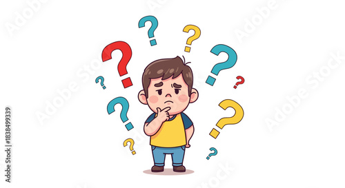 Confused boy surrounded by question marks