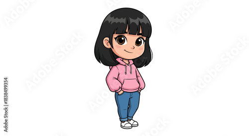 Stylized depiction of a girl in casual attire with a cartoonish design elements presented on