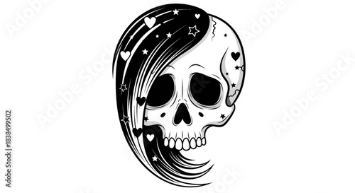 Stylized skull with emo fringe and playful star heart decorations for alternative design