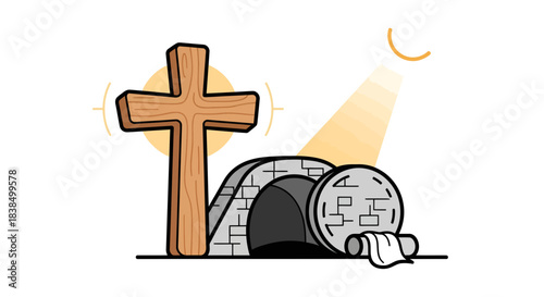 Symbolic depiction of Easter narrative, with the wooden cross near empty tomb and rising sun
