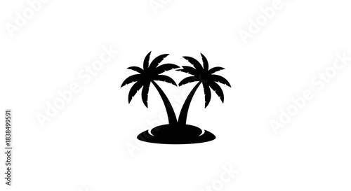 Tropical island getaway featuring a silhouetted pair of palm trees on a small sand patch paradise