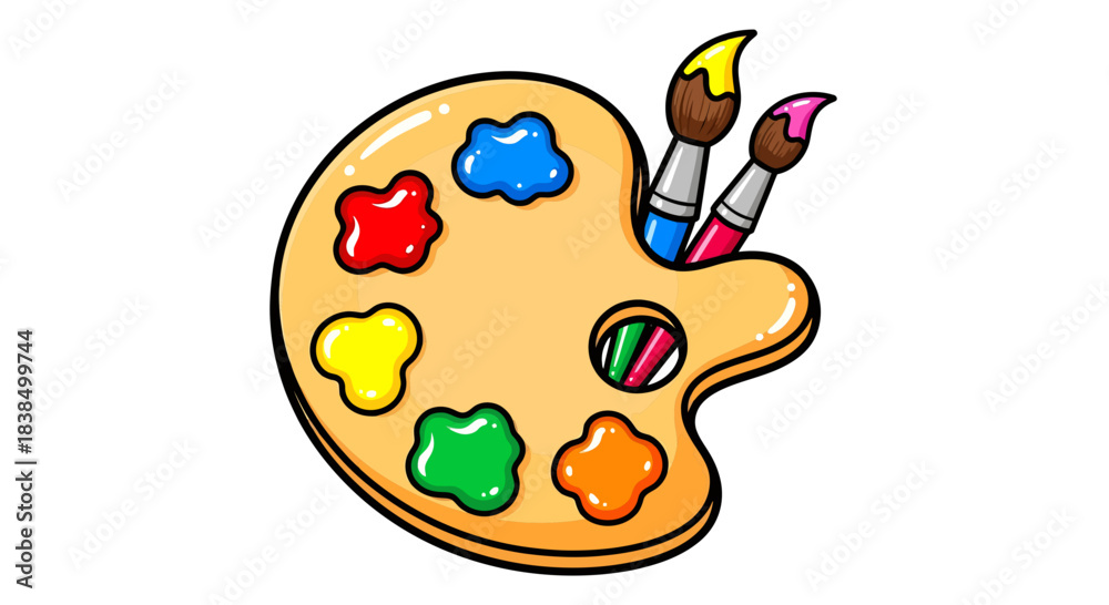 Naklejka premium Whimsical art palette with vibrant paints and brushes beckoning artistic creation